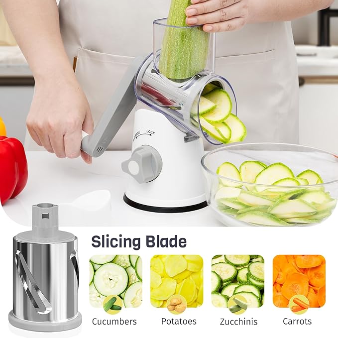Nexsujo Rotary Cheese Grater Hand Crank, 3 Blades Slicer Shredder, Cheese Grater for Kitchen, Multi-Functional Kitchen Tool for Vegetables, Nuts, Chocolate, with Strong Suction Base, White