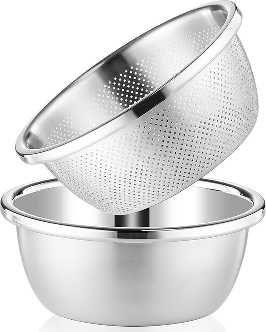POPGRADE 304 Stainless Steel Colander 4QT Microporous Colander & Large Bowl for Kitchen,Rice Strainer with Salad Mixing Bowl for Pasta Straining,Fruit Washing,Vegetable Draining,Food Mixing(2PCs)