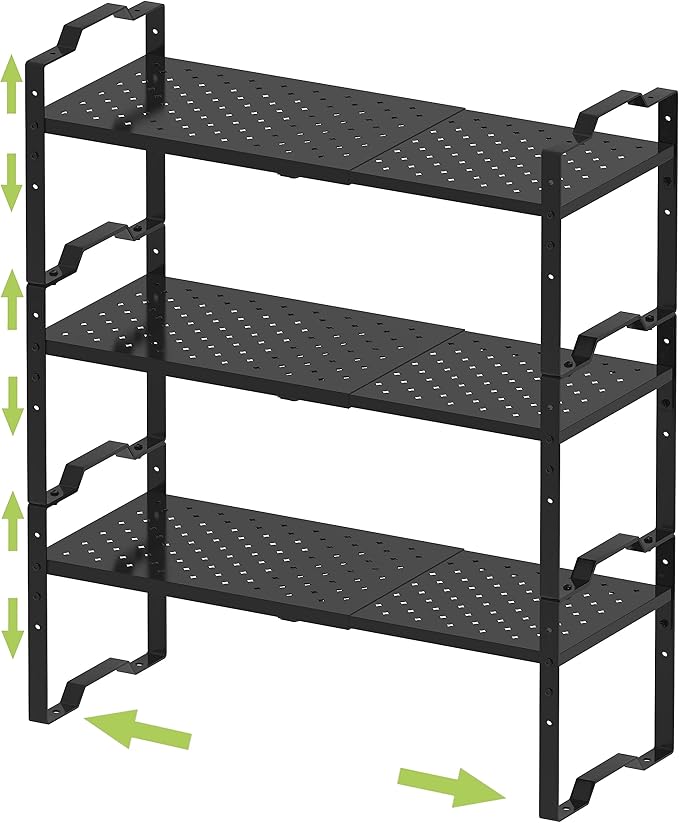 Jojocross Expandable Shelf Cabinet Organizer Adjustable Stackable Spice Rack at Kitchen Bathroom More, Countertop Cupboard Organization Pantry Storage,Metal Plate with Hole (3 Packs/Black, L)