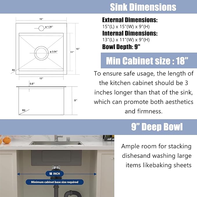 Black Bar Sink Drop In-15x15 Inch Kitchen Sink Stainless Steel Square Small Topmount Workstation Sinks，Single Bowl Kitchen Sinks for Office Laundry Wet Bar Prep RV Outdoor Yard