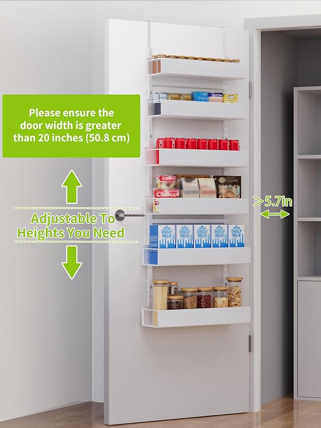 Over The Door Pantry Organizer, 6-Tier Pantry Organization and Storage, Hanging Spice Rack, Pantry Door Organization for Home Office Laundry Room Bathroom, White