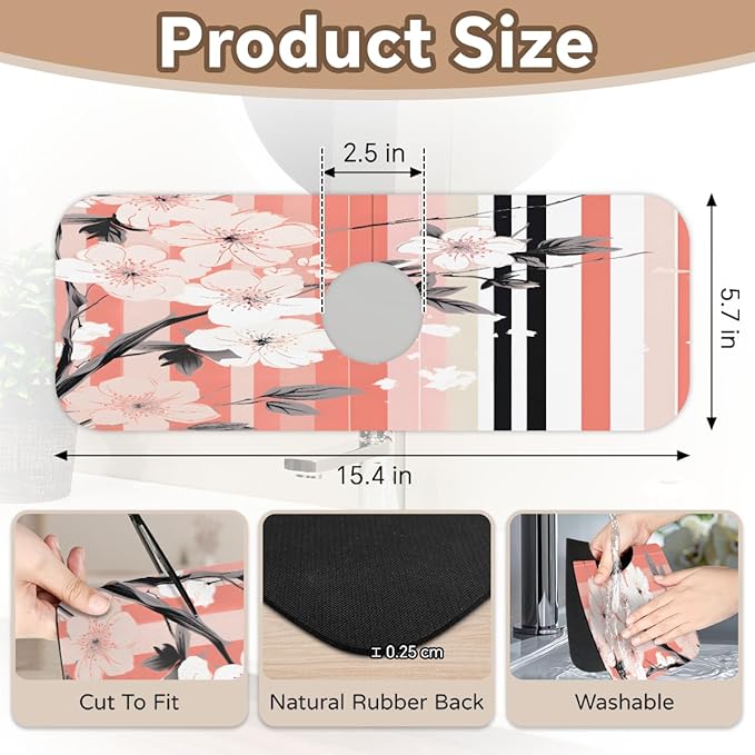 Petals Stripe Kitchen Faucet Mat Splash Guard, 15.4”x5.7” Absorbent Quick Drying Sink Mat for Countertop Protection, Draining Mat Sink Protectors For Kitchen Bathroom, 1 Pack