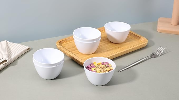 Amazon Basics Round Melamine Bowl, 8 oz, White, 6 Piece Set, Do not microwave