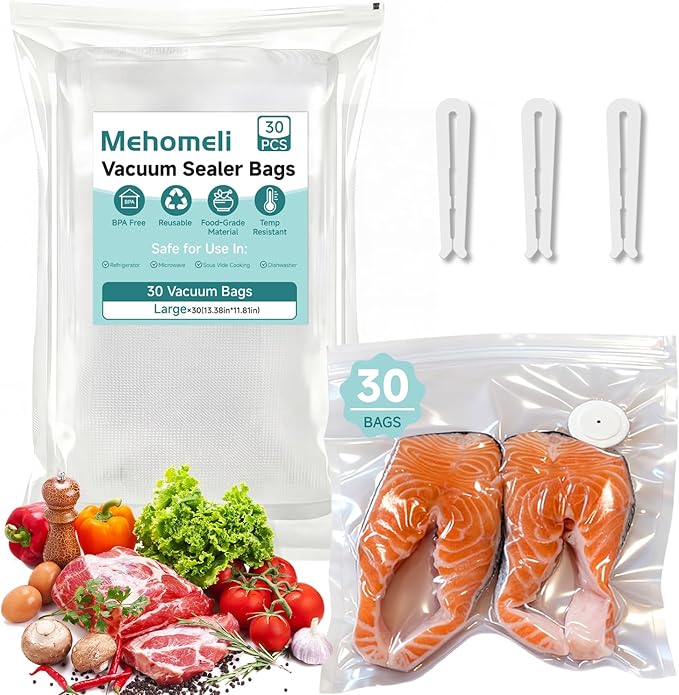 Reusable Vacuum Sealer Bags for Food – 30 BPA-Free Large (11.8 x 13.4in) Food Storage Bags, Freezer, Microwave – Odor-Resistant, Leak-Proof – Compatible with Handheld Vacuum Sealers