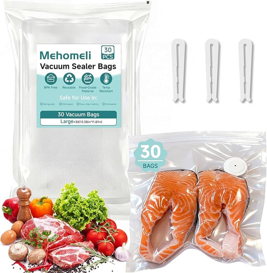 Reusable Vacuum Sealer Bags for Food – 30 BPA-Free Large (11.8 x 13.4in) Food Storage Bags, Freezer, Microwave – Odor-Resistant, Leak-Proof – Compatible with Handheld Vacuum Sealers