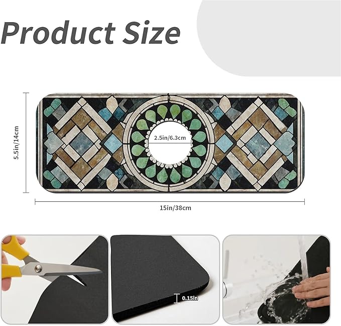 Kitchen Sink Splash Guard，Antique colored tiles Faucet Mat Sink Gadgets-Super Absorbent Fast Drying Mat Drip Catcher for Kitchen, Bathroom,Sink Mat, Dish Drying Mat, Bathroom(15" X 5.5" )