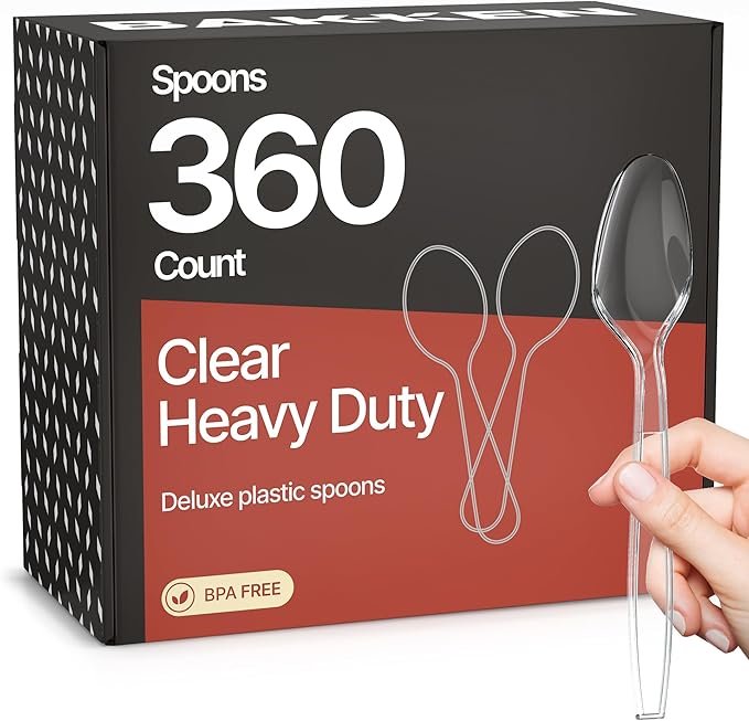Bakken Disposable Cutlery Set 360 Pieces Spoons, Heavy Duty Plastic Silverware, BPA-Free Food-Grade Materials, Heat-Resistant, Reusable Utensils for Parties, Catering, BBQs, and Everyday Use, Clear