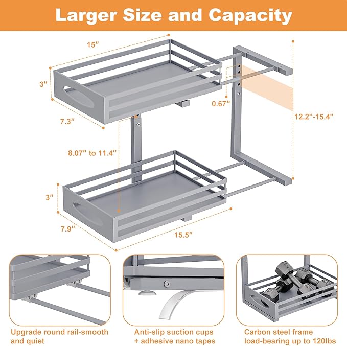 Under Sink Organizer, 2 Tier Under Sink Organizers and Storage, Adjustable Height, Slide out Metal Cabinet Organizers, Pull out Cabinet Storage Drawer Shelf for Kitchen Bathroom