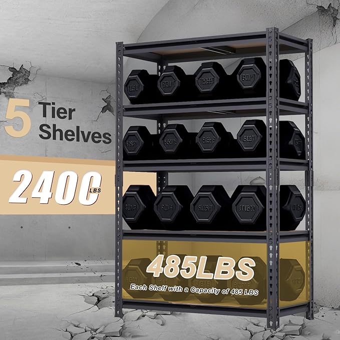 60'' H Garage Storage Shelves,2 PCS Shelving Units and Storage,2400 LBS Heavy Duty Shelving, Ajustable Garage Shelving,5 Tier Metal Shelves Basement, Warehouse