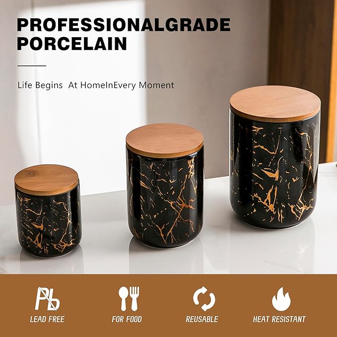 Ceramic Canister Set of 3 for Kitchen Countertop Storage, Black Food Storage Containers Jars with Airtight Wood Lids for Flour, Sugar, Coffee, Tea & Spices, Modern Countertop Decor