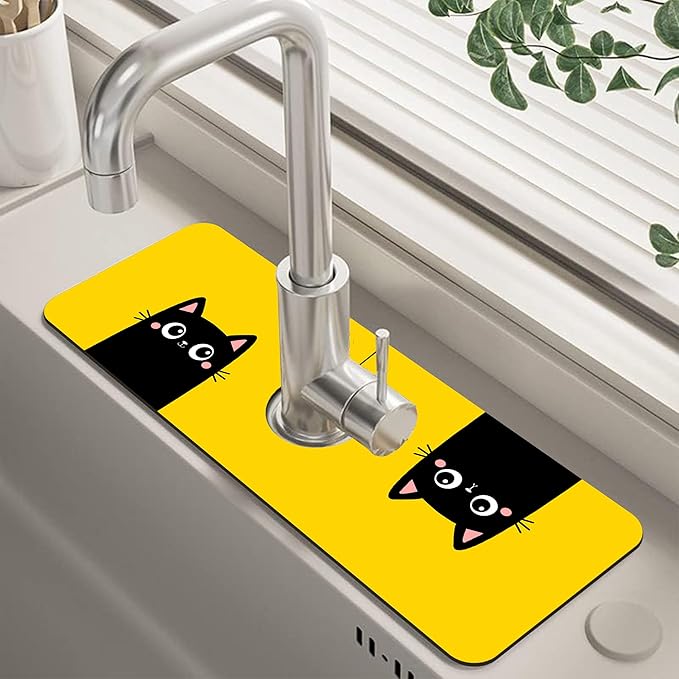 Cute Black Cat Head Kitchen Sink Splash Guard Mat Absorbent Fast Drying Mat Faucet Draining Mat Sink Splash Guard Behind Faucet Drip Catcher for Kitchen Bathroom 5.5"×15"