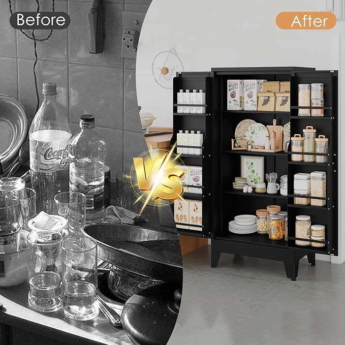 erosoei 51" H Metal Kitchen Pantry Storage Cabinet,Storage Cabinets with Doors and Adjustable Shelves,Freestanding Food Pantry Cabinet Cupboard for Living Room,Dinning Room (Black)