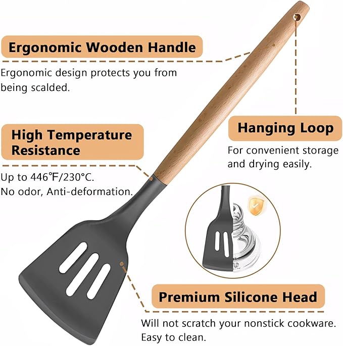 IOCBYHZ Silicone Cooking Utensils Set 5-Piece Non-Stick Kitchen Utensil Set, Wood Handle Heat Resistant Spatula Spoon Turner Soup Ladle Silicone Cooking Kitchen Gadgets BPA Free for Nonstick Cookware