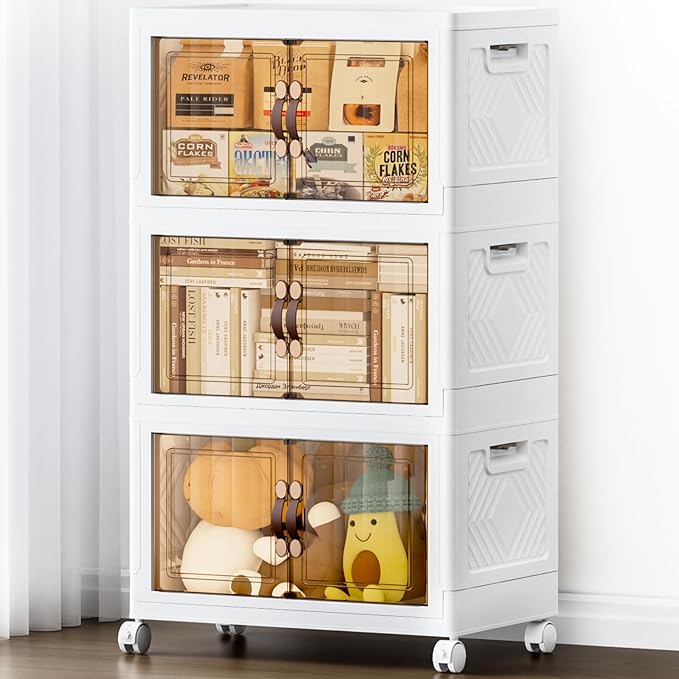 JEKO&JEKO 189Qt Stackable Storage Bins with Lids and Wheels, Foldable Collapsible Plastic Drawer Boxes for Clothes, Home, White, 3 Pack