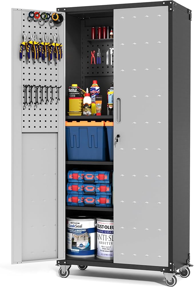 BIZOEIRON Garage Metal Storage Cabinet with Pegboard, 71'' Tall Storage Cabinet with Adjustable Shelves and Doors, Rolling Tool Cabinet on Wheels for Garage, Utility Room (Black & Grey)