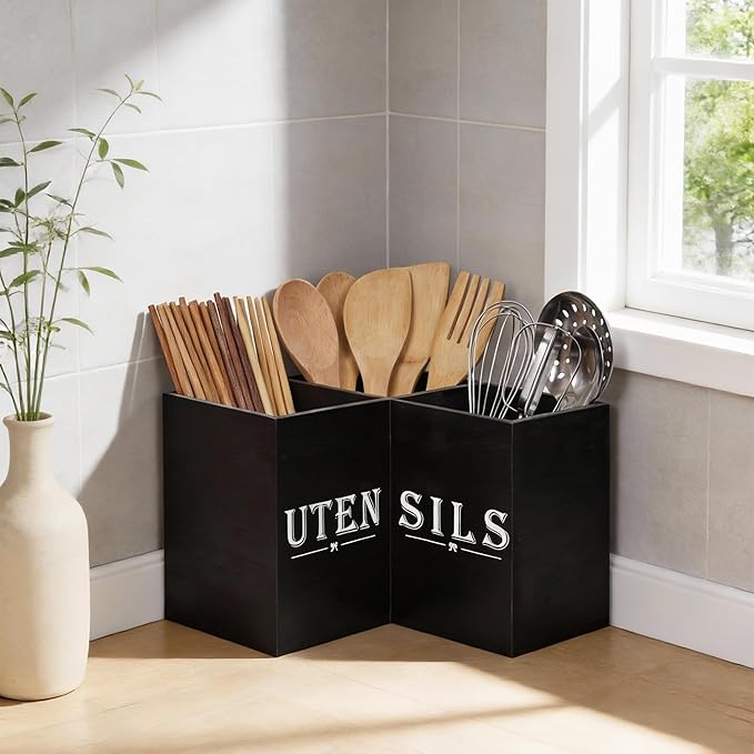 Top-spring Extra Large Utensil Holder for Kitchen Counter - Wooden Cooking Utensils Holder - Rustic Farmhouse Decor Kitchen Corner Utensil Organizer with 3 Compartment, Black Wood Utensil Caddy