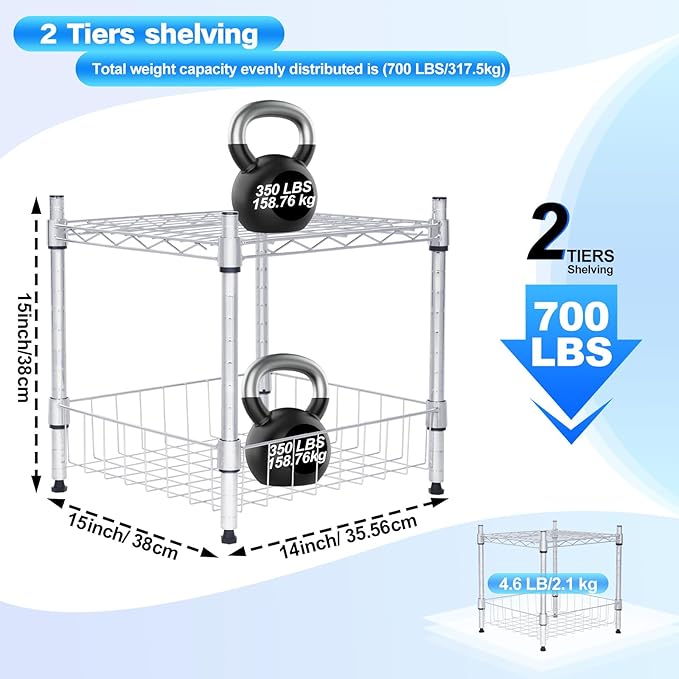 Whitmor 2 Tier Metal Storage Shelves, Heavy Duty Shelf with Basket, 350 lbs Capacity per Shelf, 700 lbs Total, Home Organizer for Kitchen, Garage, Bathroom, 15" L x 14" W x 15" H, Chrome