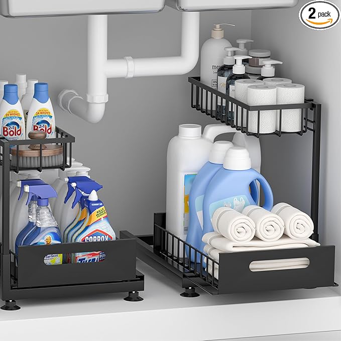 Under Sink Organizer Storage 2-Tier Premium Metal Pull-Out Kitchen Cabinet Organizer with Sliding Drawer, Height Adjustable, Heavy Duty for Kitchen & Bathroom Organizers 2 Pack Black