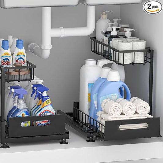 Under Sink Organizer Storage 2-Tier Premium Metal Pull-Out Kitchen Cabinet Organizer with Sliding Drawer, Height Adjustable, Heavy Duty for Kitchen & Bathroom Organizers 2 Pack Black