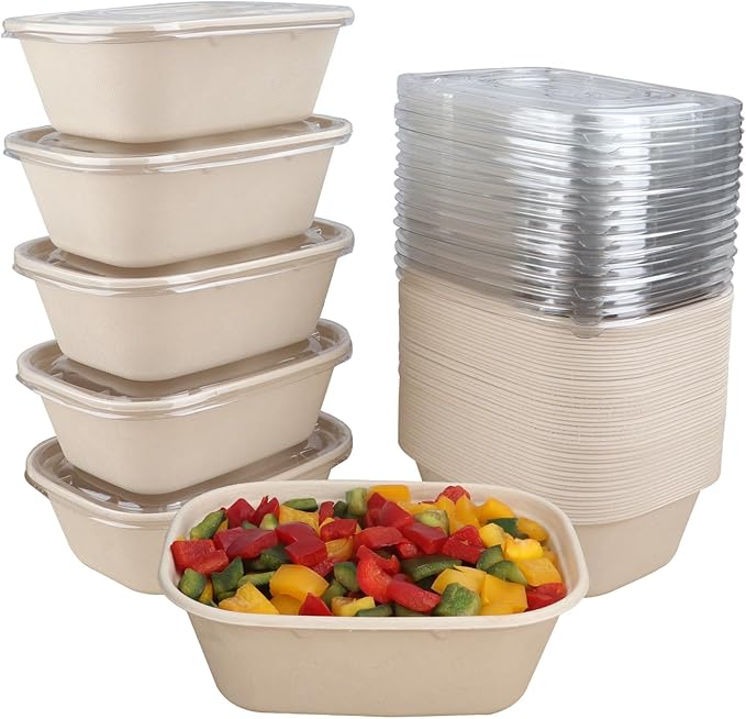 JAYEEY 44 oz Disposable salad bowls with lids, Sugarcane Fiber Paper Bowls take away food containers meal prep Plant Fiber deli container 50 Pack