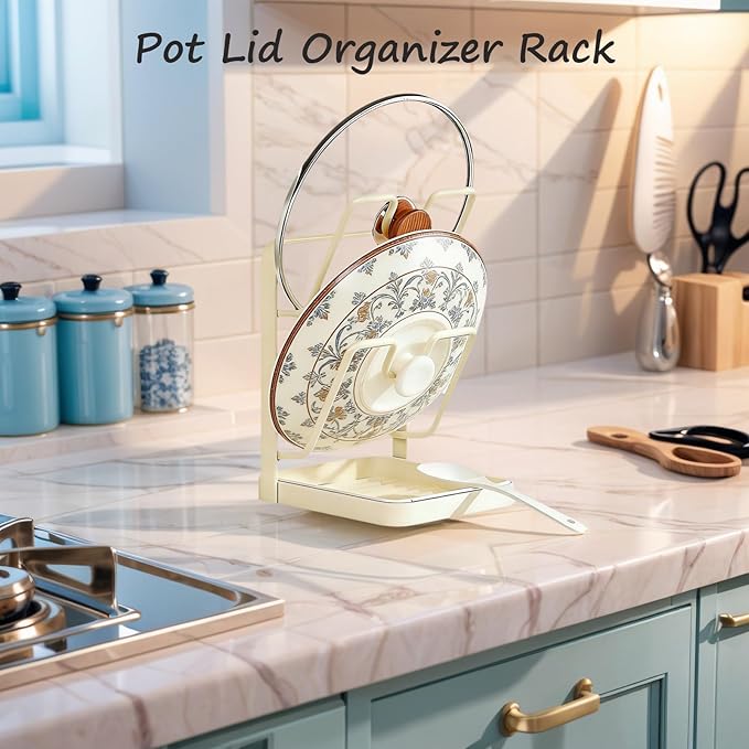 Kitchen Pot Lid Storage Rack, Stainless Steel Pot Lid Holder While Cooking for Countertop, Multifunctional Pots Lids Organizer Rack with Removable Drip Tray for Spatulas, Ladles & Large Lids (White1)