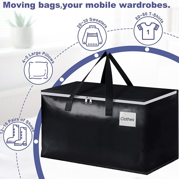 StorageRight Heavy Duty Moving Boxes-Moving Bags with Zipper, Reinforced Handles and Tag Pocket-Collapsible Moving Supplies-Totes for Storage Great for moving, Storage and Travel 93L(Black-4 Pack)