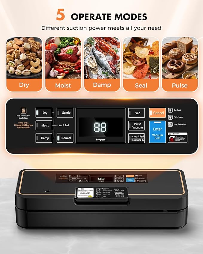 Vacuum Sealer with Easy Tear Cutter, 95kPa Food Saver Vacuum Sealer Machine for Food, 135W Fast Sealing, 9-in-1 Food Vacuum Sealer Machine with 10 ft Bag Roll for Meal Prep & Sous Vide