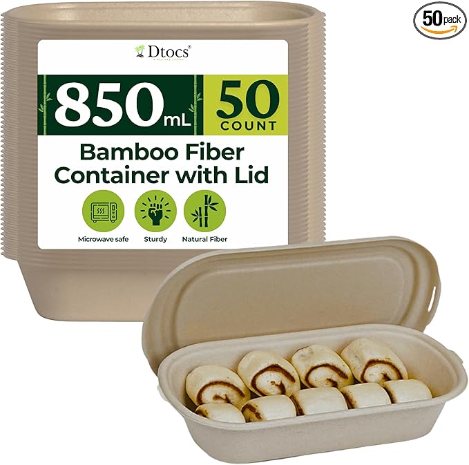 Dtocs Bamboo Fiber Meal Prep Containers with Lids 28 Oz, 50 Pcs | Bagasse Like Bamboo Disposable Container | Microwavable Lunch, Salad, To Go Meal Box | Alternative to Paper, Plastic Food Containers