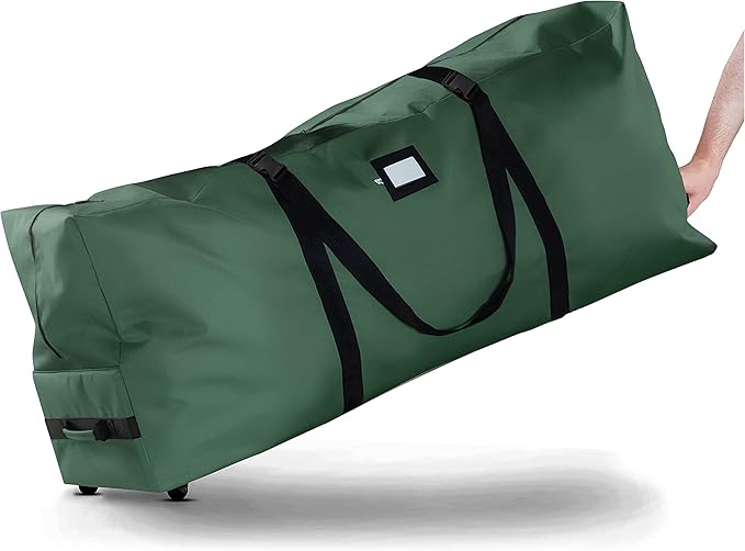 ZOBER 600D Oxford Fabric Rolling Christmas Tree Storage Bag - Fits 7.5 Ft Artificial Trees - Waterproof Christmas Tree Bag For Storage Box For Xmas, Durable Handles and Wheels - Card Slot - Green