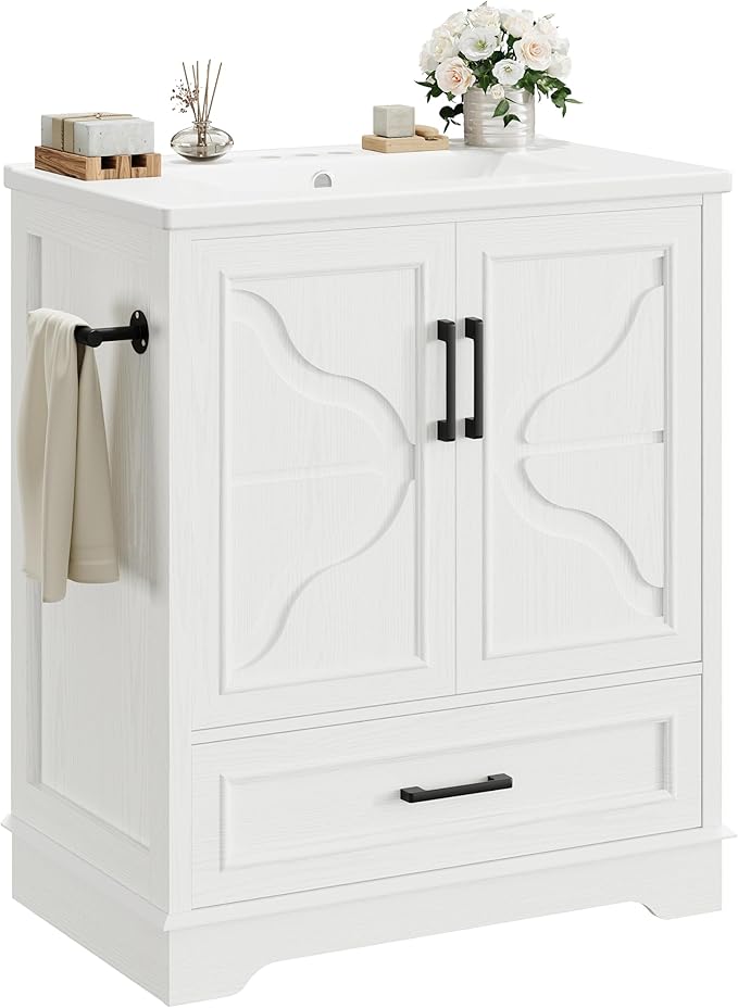 IRONCK 30" Bathroom Vanity with Ceramic Basin,Modern Under Sink Cabinet with 2 Soft Closing Doors and 1 Drawer, Free Standing Bathroom Storage Cabinet with Sink Combo Set,NO Faucet Accessories, White