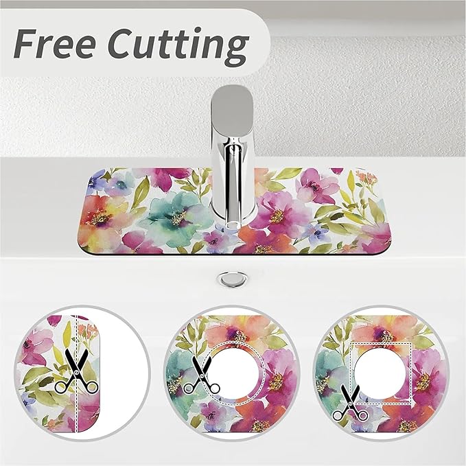 Kitchen Sink Splash Guard，Bright soft flowers Faucet Mat Sink Gadgets-Super Absorbent Fast Drying Mat Drip Catcher for Kitchen, Bathroom,Sink Mat, Dish Drying Mat, Bathroom(15" X 5.5" )
