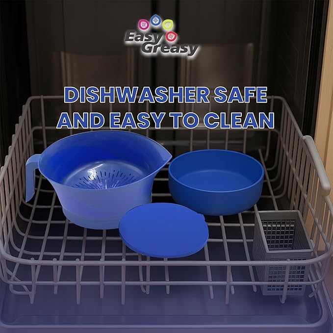 Easy Greasy 3-Piece Colander Grease Strainer Set – Blue Grease Separator with Handle, Container & Lid – Strains Bacon, Pasta, Ground Beef – BPA-Free Kitchen Gadget