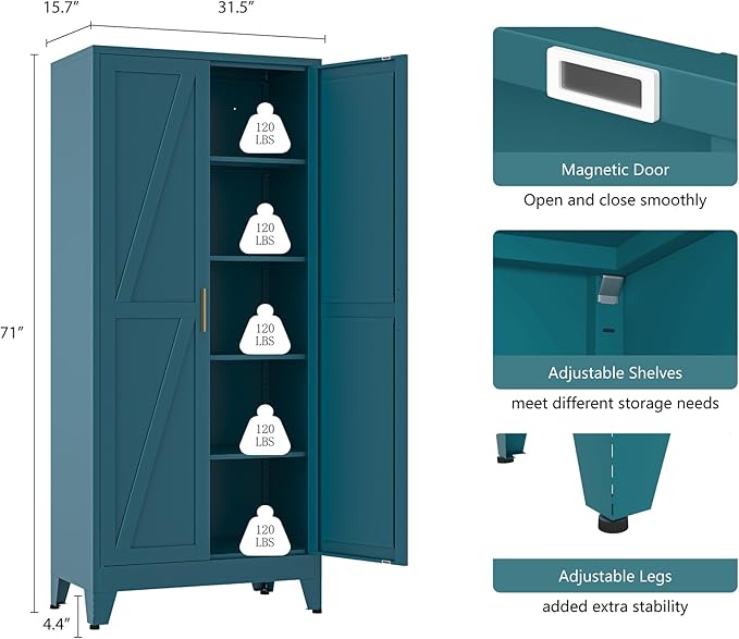 71''Metal Cabinet with 4 Adjustable Shelves,5-Tier Pantry Storage Cabinet,Kitchen Pantry Cabinet for Living Room,Dining Room, Blue