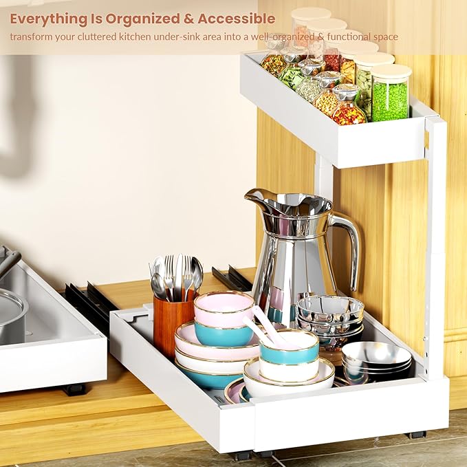 2 Tier Expandable Under Kitchen Sink Organizer, Adhesive Under Bathroom Organizer, Heights Adjustable Pull Out Storage for Kitchen Laundry (White, 16.3D x 12.2"-20.5" W x 14.4"-18.5" H)