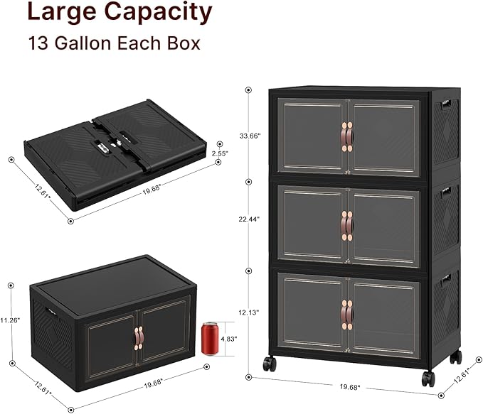 Extra Large Stackable Storage Bins with Lids & Wheels, 330QT-55QT/14GAL*6Pack Foldable Collapsible Closet Organizers Dark Storage Cabinet with Doors for Bedroom Dorm