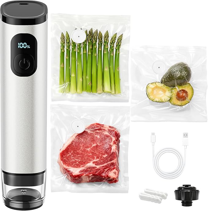 Premium Metal Handheld Vacuum Sealer, Vacuum Sealer for Food with Power Display & Detachable Tank, 60kPa Strong Suction, Includes 30 Reusable Bags & Wine Stopper for Food Preservation- Silver
