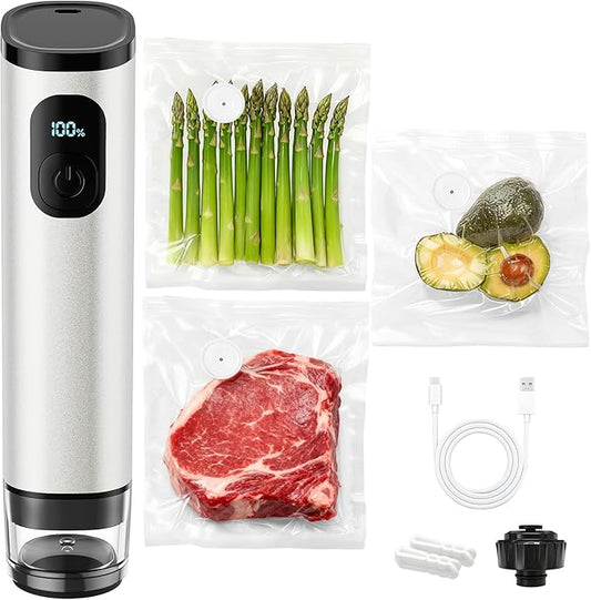 Premium Metal Handheld Vacuum Sealer, Vacuum Sealer for Food with Power Display & Detachable Tank, 60kPa Strong Suction, Includes 30 Reusable Bags & Wine Stopper for Food Preservation- Silver