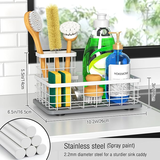 Large Family-Sized Sponge Holder for Kitchen Sink, Sink Caddy Organizer with Brush Holder - Drain-Free Non-Slip Base, Stainless Steel with Rust-Resistant Coating-10.24" L x 6.5" W x 5.83" H