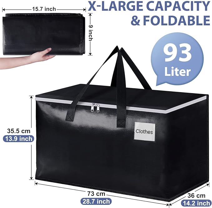 StorageRight Heavy Duty Moving Boxes-Moving Bags with Zipper, Reinforced Handles and Tag Pocket-Collapsible Moving Supplies-Totes for Storage Great for moving, Storage and Travel 93L(Black-8 Pack)