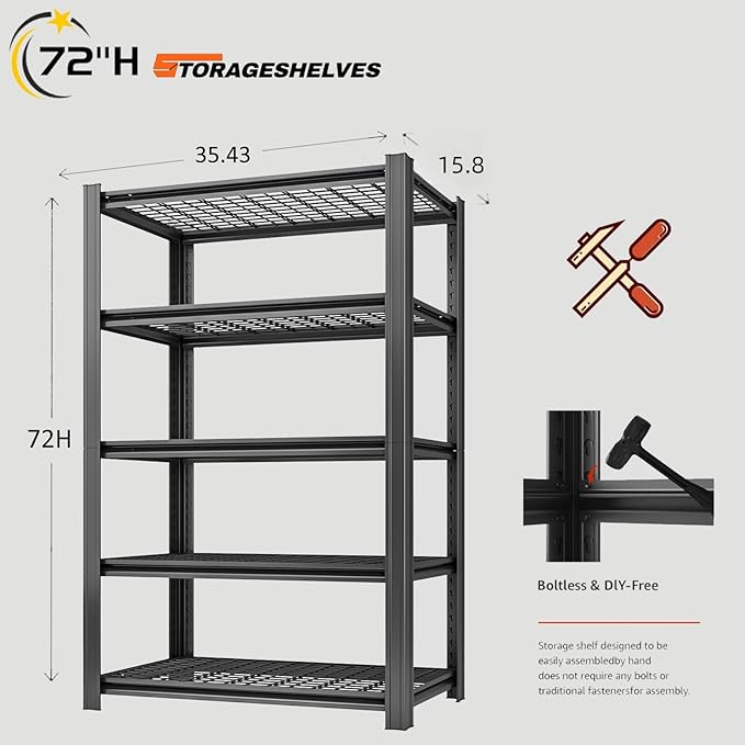 5 Tier Metal Shelving Unit, Adjustable Storage Shelves, 72" H x 35.43" W x 15.8" D Heavy Duty Garage Shelves for Warehouse, Basement, Kitchen, Pantry, Living Room, Black