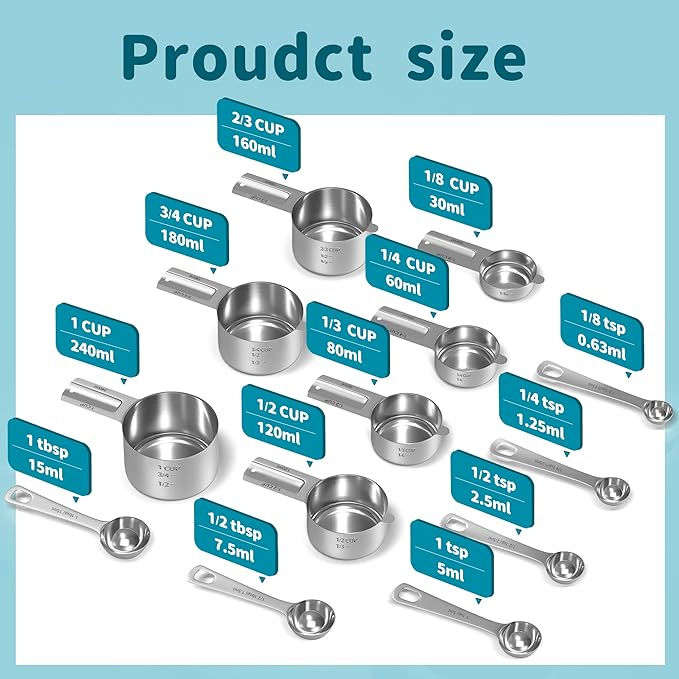 Minteem Measuring Cups and Spoons Set, Stainless Steel Measuring Cups Measuring Spoons with Easy to Read Markings, Ideal Kitchen Gadgets for Cooking & Baking, 13 Pack