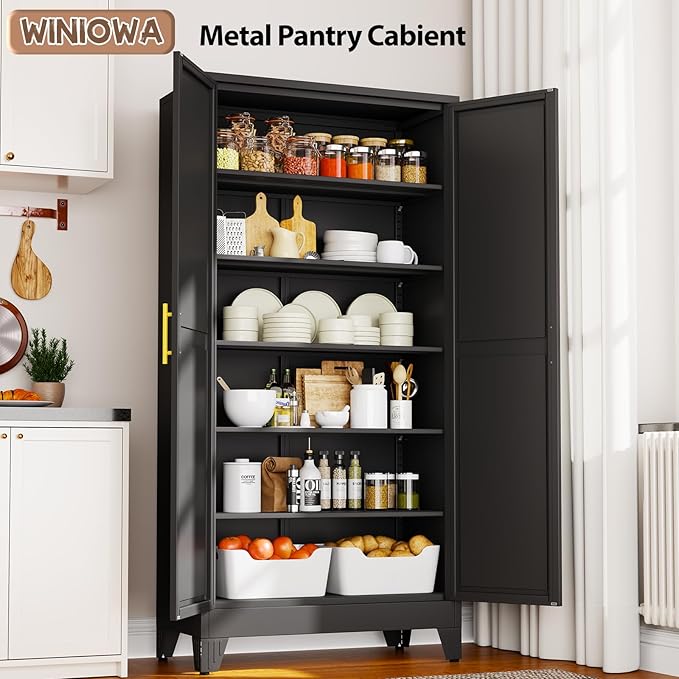 Tall Metal Kitchen Pantry Storage Cabinet with 2 Doors and 5 Adjustable Shelves - 75.2" Kitchen Cabinet with Gold Handles for Kitchen, Bathroom, Dining Room, Living Room - Black