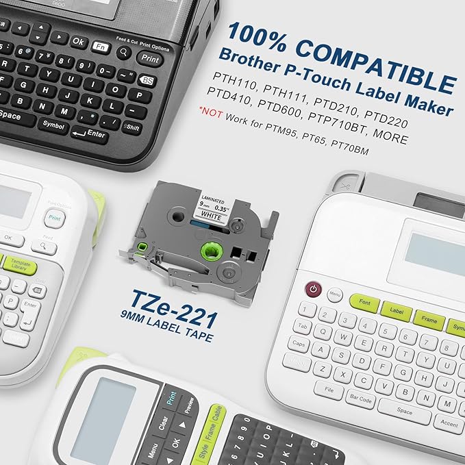 Label KINGDOM TZe-221 Compatible with Brother P Touch TZe221 9mm 0.35" Laminated White TZ Label Maker Tape Black on White 3/8 Inch for PT D210 D220 H110 D400, 4-Pack