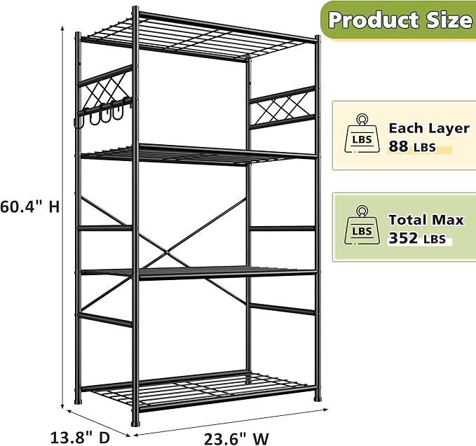 Storage Shelves 4 Tier Shelf Organizer,Metaling Shelving with Hooks,Heavy Duty Garage Shelves Unit with Leveling Feet,Wire Shelving for Pantry,Kitchen and Closet,23.6" W x 13.8" D x 60.4" H