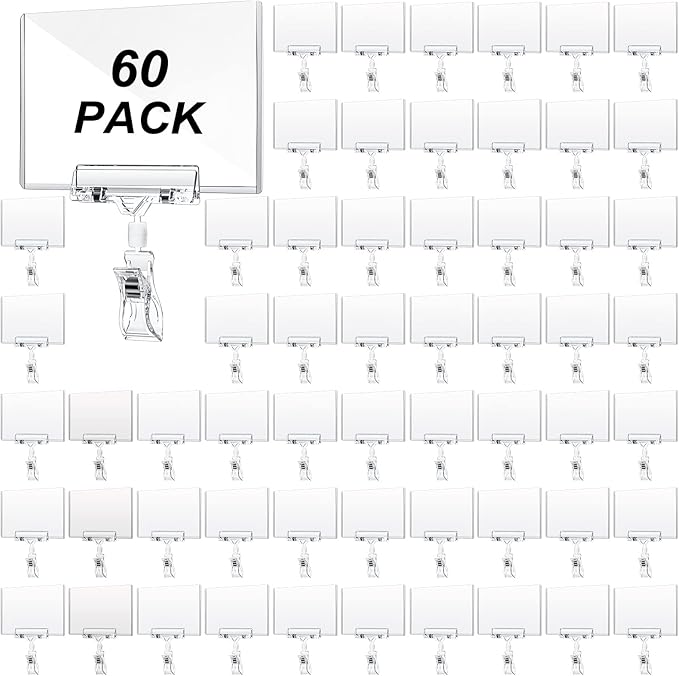 Fainne 60 Pieces Rotating Clip on Sign Holder Plastic Merchandise Retail Display Sign Clip Holder with Clamp Pop Swivel Rack Card Sign Business Store Price Tags Sign Holder