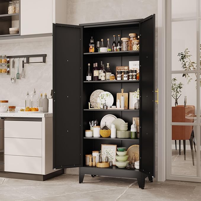 71" Tall Kitchen Pantry Cabinet, Metal Storage Cabinet with 2 Doors and 4 Adjustable Shelves, Black Food Pantry Cupboard for Kitchen, Dining Room, Living Room and Bathroom (Black)
