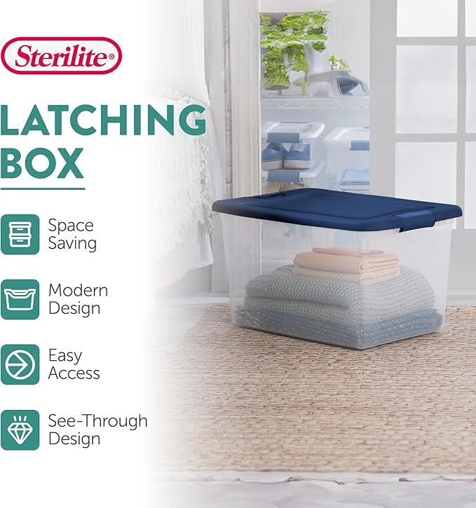 Sterilite 18-Pack Color Program, Large Clear Plastic Storage Bins with Lids, 64 Quart, Blue - Stackable Organizing Container Boxes for Closet, Bathroom, and Office