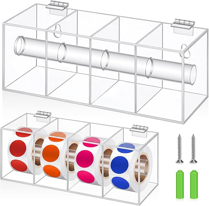 Day of The Week Sticker Dispenser 2.17" Square Acrylic Sticker Roll Holder Covered Label Dispenser Wall Mount 4 Slot Holder for Office Desktop Stickes, Clear, Short Single Layer(No Label)