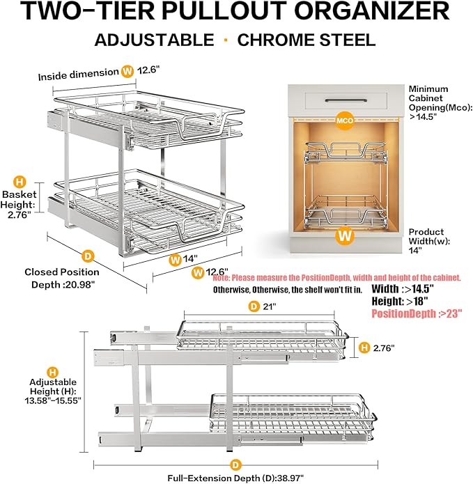 QUYUWU 2-Tier Kitchen Cabinet Pull Out Shelf and Drawer Organizer Slide Out Pantry Storaqe Basket in Multiple Sizes (14" W x 21" D)