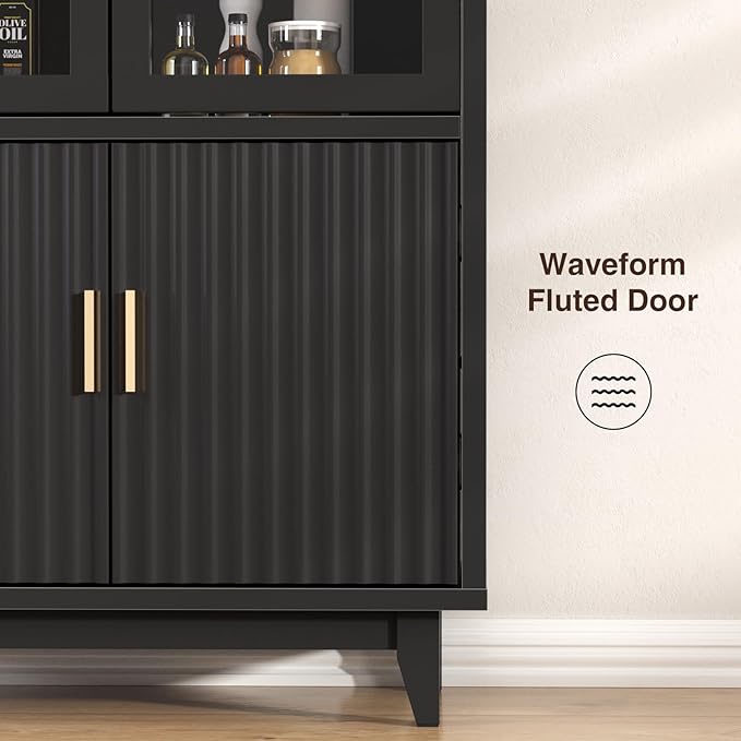 FiveWillowise Kitchen Pantry Cabinet with Glass Doors - Arched Design, Solid Wood Legs, Artistic Fluted Door, Adjustable Shelves, 70.8" Curved Storage Cabinet for Kitchen, Dining Room